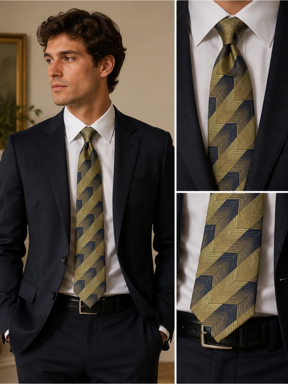 Bottega Veneta Geometric Silk Tie Men’s Size 3.5”X54” Gold/Blue Made In Italy